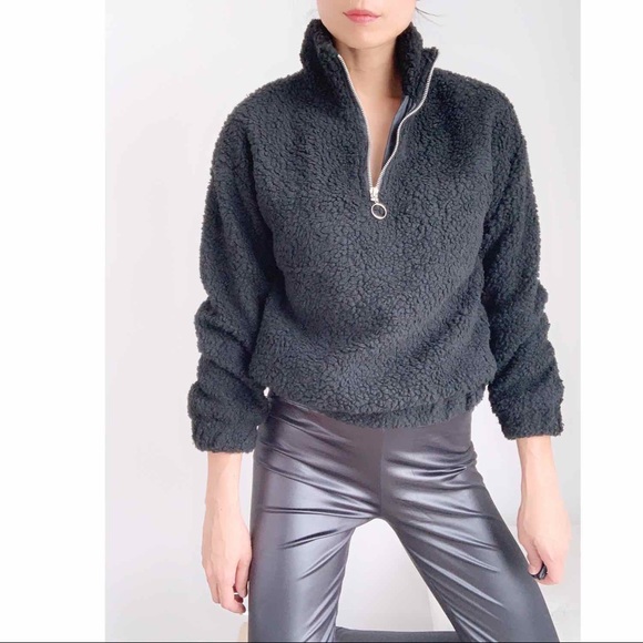 SHERPA HALF ZIP BOMBER SWEATER  - BLACK - Picture 9 of 14